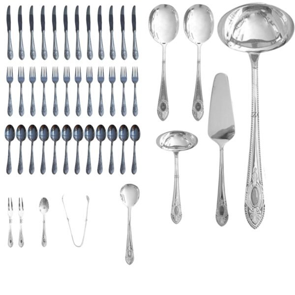 CRC Toscana 1280 Cubertería 70 piezas en acero inoxidable con baño de plata, servicio completo con cubiertos de menú, postre y piezas de servir