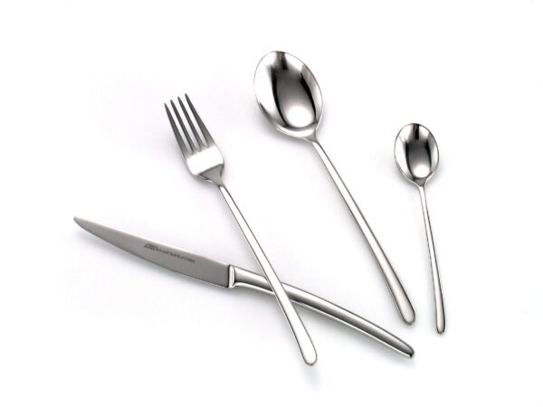 Cubertería Acero Inoxidable (24 Piezas) Trento Menú, Juego de Cubiertos para 6 Comensales, Tenedores, Cuchillos Chuleteros, Cucharas Soperas y de Postre, Menaje de Mesa Elegante y Duradero