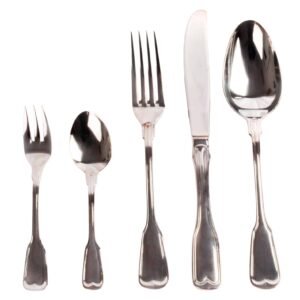 Juego de cubiertos en acero inoxidable 18/10 monoblock pulidos con baño en plata (30 piezas) Bonn, 6 tenedores, 6 cucharas, 6 cuchillos, 6 cucharas de postre, 6 tenedores de postre