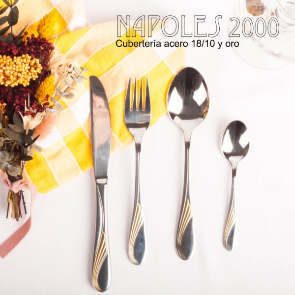 Juego de cubiertos en acero inoxidable 18/10 pulidos y decorados en oro (24 piezas) Nápoles, 6 cucharas, 6 tenedores, 6 cuchillos, 6 cucharas de postre