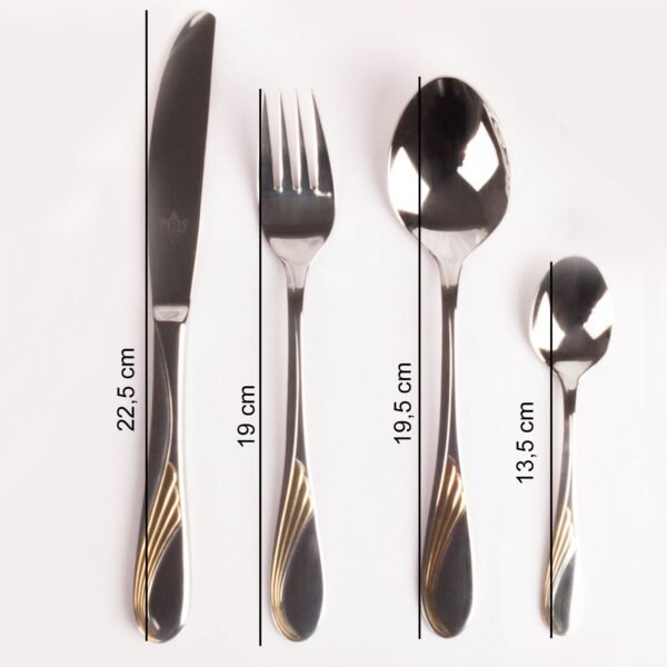 Juego de cubiertos en acero inoxidable 18/10 pulidos y decorados en oro (24 piezas) Nápoles, 6 cucharas, 6 tenedores, 6 cuchillos, 6 cucharas de postre