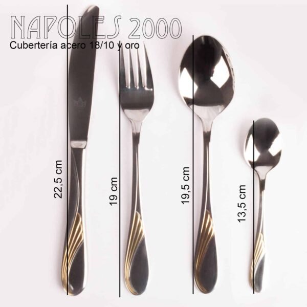Juego de cubiertos en acero inoxidable 18/10 pulidos y decorados en oro (24 piezas) Nápoles, 6 cucharas, 6 tenedores, 6 cuchillos, 6 cucharas de postre