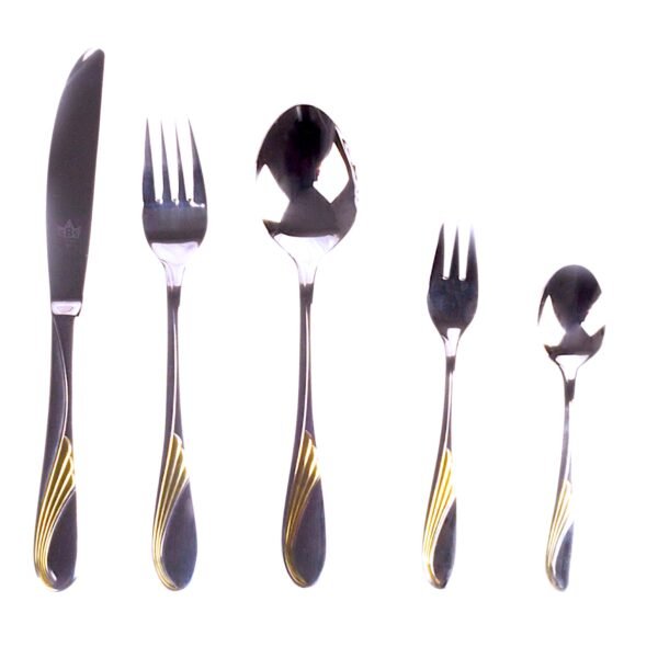 Juego de cubiertos en acero inoxidable 18/10 pulidos y decorados en oro (24 piezas) Nápoles, 6 cucharas, 6 tenedores, 6 cuchillos, 6 cucharas de postre