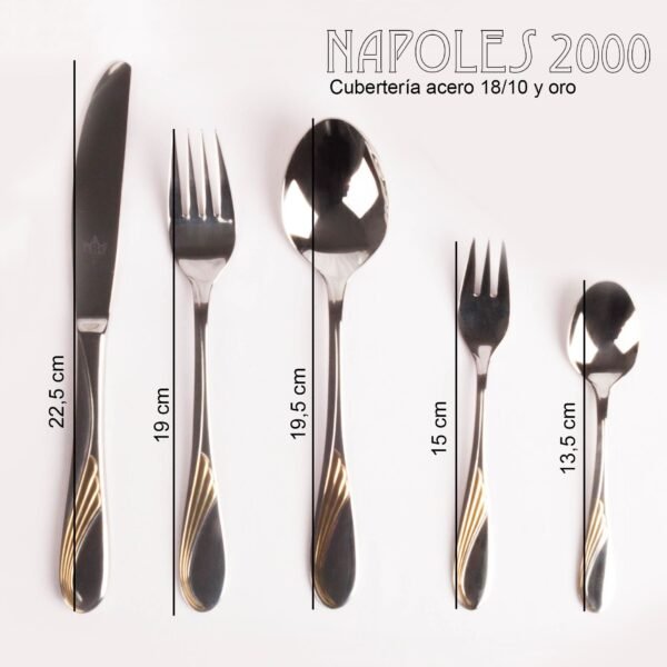 cuberterianapoles2000-cotas.jpg Juego de cubiertos en acero inoxidable 18/10 pulidos y decorados en oro (30 piezas) Nápoles, 6 cucharas, 6 tenedores, 6 cuchillos, 6 cucharas de postre, 6 tenedores de postre