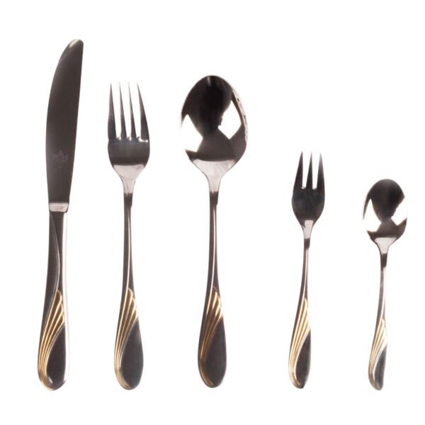 cuberterianapoles2000-portada-1-1.jpg Juego de cubiertos en acero inoxidable 18/10 pulidos y decorados en oro (30 piezas) Nápoles, 6 cucharas, 6 tenedores, 6 cuchillos, 6 cucharas de postre, 6 tenedores de postre