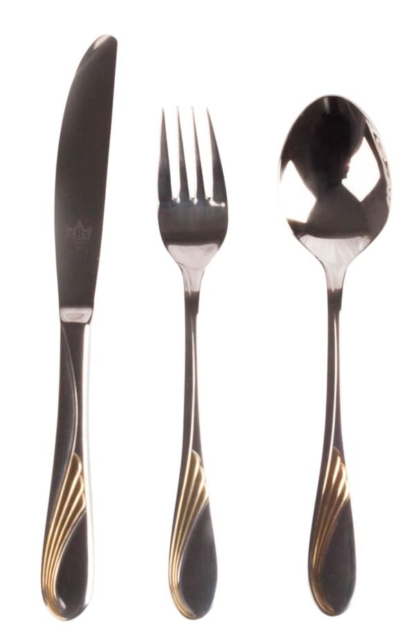 cuberterianapoles2000-portada-2.jpg Juego de cubiertos en acero inoxidable 18/10 pulidos y bañados en oro (18 piezas) Nápoles, 6 cucharas, 6 tenedores, 6 cuchillos