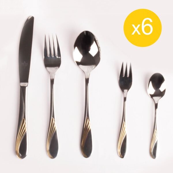 Juego de cubiertos en acero inoxidable 18/10 pulidos y decorados en oro (24 piezas) Nápoles, 6 cucharas, 6 tenedores, 6 cuchillos, 6 cucharas de postre