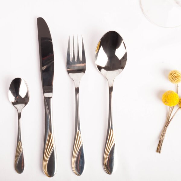 Juego de cubiertos en acero inoxidable 18/10 pulidos y decorados en oro (24 piezas) Nápoles, 6 cucharas, 6 tenedores, 6 cuchillos, 6 cucharas de postre