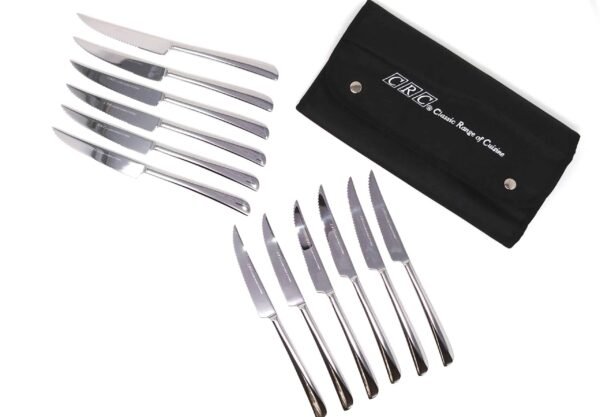 cuchillos-chuleteros-12-trento-5-scaled-1.jpg Set de Cuchillos para carne Chuleteros (12 piezas)Trento Kobe de Acero Inoxidable Pulido con Hoja micro dentada , curvas afiladas con Funda de Transporte o regalo