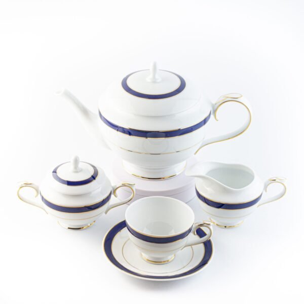 Juego de té de porcelana blanca con filo de oro y azul cobalto (27 piezas) Royal Blue, 12 tazas de té, 12 platillos para tazas, 1 tetera, 1 lechera, 1 azucarero