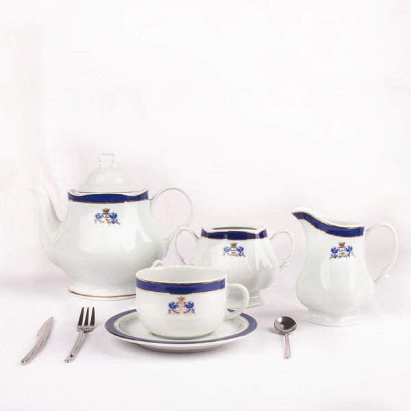 Juego de té de porcelana blanca (27 piezas) Duisburg, 12 tazas de té, 12 platillos para tazas, 1 tetera, 1 lechera, 1 azucarero, estilo victoriano