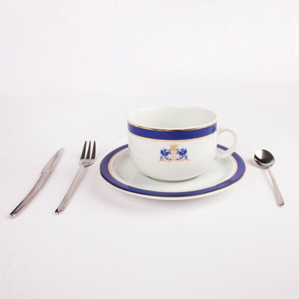 Juego de té de porcelana (24 piezas) Duisburg, 12 tazas de té, 12 platillos para tazas, estilo victoriano, blanco, azul, filo de oro