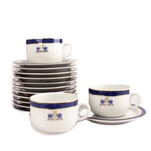 Juego de té de porcelana (24 piezas) Duisburg, 12 tazas de té, 12 platillos para tazas, estilo victoriano, blanco, azul, filo de oro