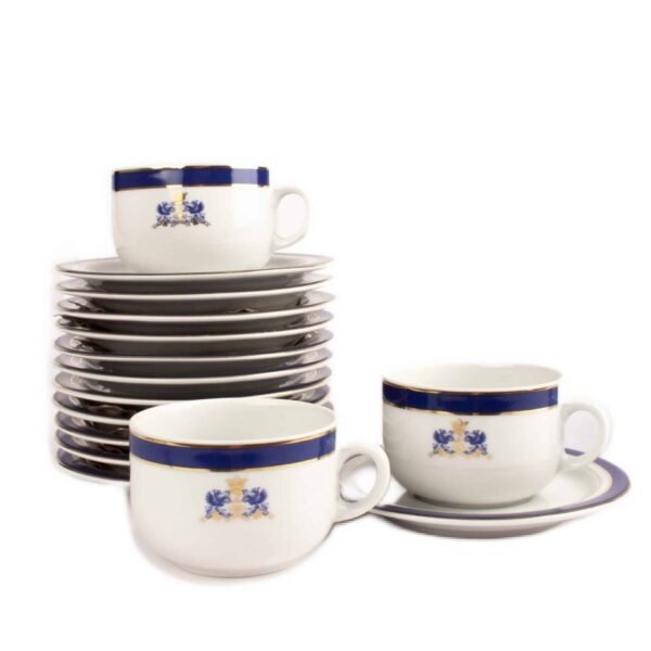 Juego de té de porcelana (24 piezas) Duisburg, 12 tazas de té, 12 platillos para tazas, estilo victoriano, blanco, azul, filo de oro