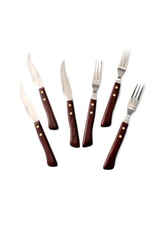 Juego de cuchillos chuleteros y tenedores para carne (6 Piezas) Timber Steel Cutlery, set de madera, 3 tenedores y 3 cuchillos