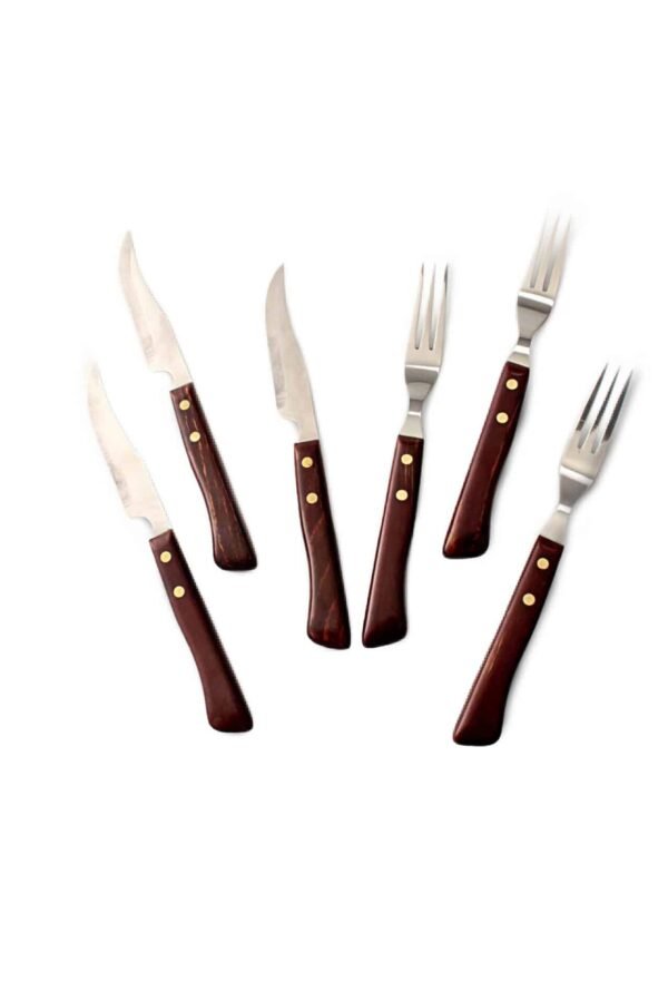 Juego de cuchillos chuleteros y tenedores para carne (6 Piezas) Timber Steel Cutlery, set de madera, 3 tenedores y 3 cuchillos