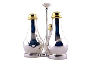 Juego de Salero, Pimentero y Salsera Royal en Baño de Plata con Detalles Dorados (4 Piezas) Set Elegante para Mesa y Cocina de Lujo