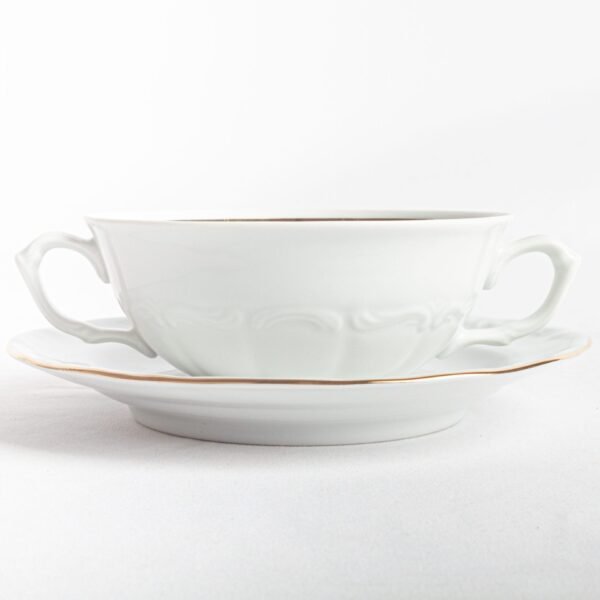 Juego de 12  boles consomé de porcelana blanca (24 piezas) Rhein, 12 tazas consomé con asas (300 cl), 12 platillos para tazas, con filo de oro