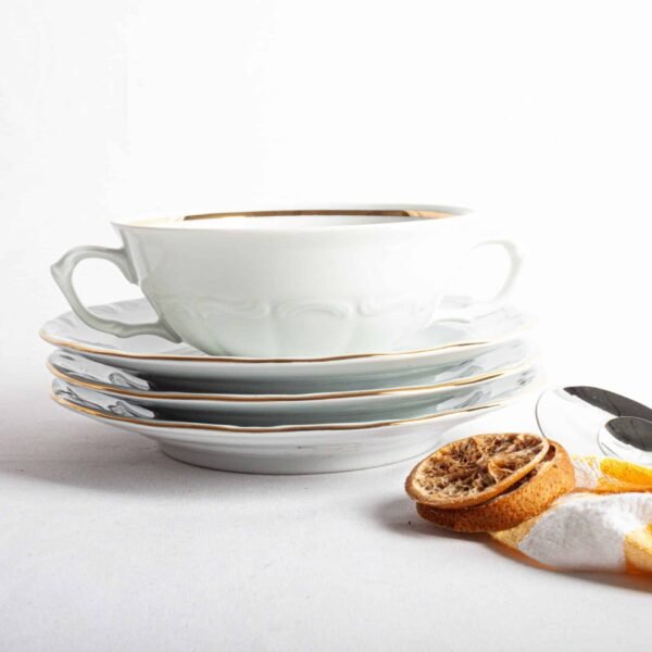 Juego de 12  boles consomé de porcelana blanca (24 piezas) Rhein, 12 tazas consomé con asas (300 cl), 12 platillos para tazas, con filo de oro