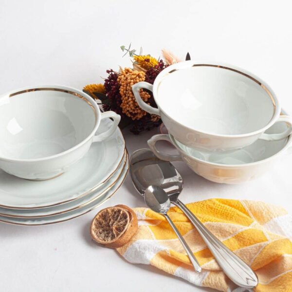 Juego de 12  boles consomé de porcelana blanca (24 piezas) Rhein, 12 tazas consomé con asas (300 cl), 12 platillos para tazas, con filo de oro