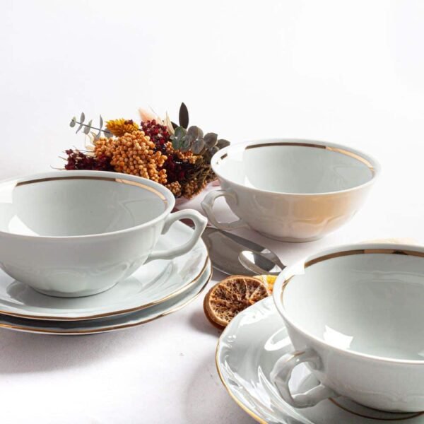 Juego de 12  boles consomé de porcelana blanca (24 piezas) Rhein, 12 tazas consomé con asas (300 cl), 12 platillos para tazas, con filo de oro