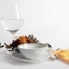 Juego de 12  boles consomé de porcelana blanca (24 piezas) Rhein, 12 tazas consomé con asas (300 cl), 12 platillos para tazas, con filo de oro