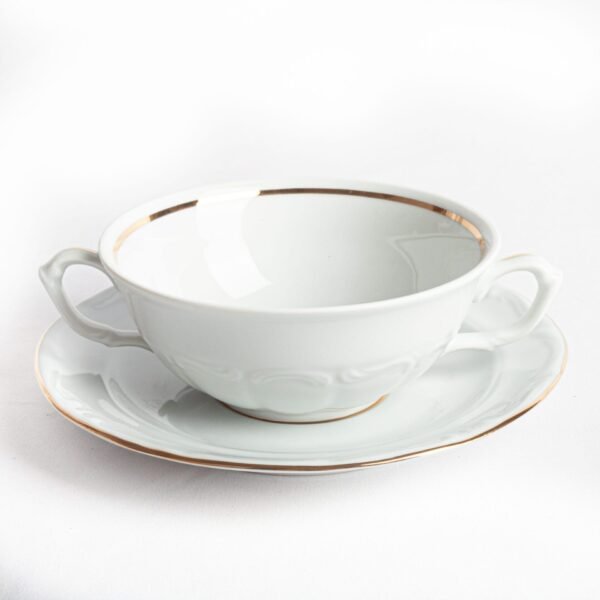 Juego de 12  boles consomé de porcelana blanca (24 piezas) Rhein, 12 tazas consomé con asas (300 cl), 12 platillos para tazas, con filo de oro