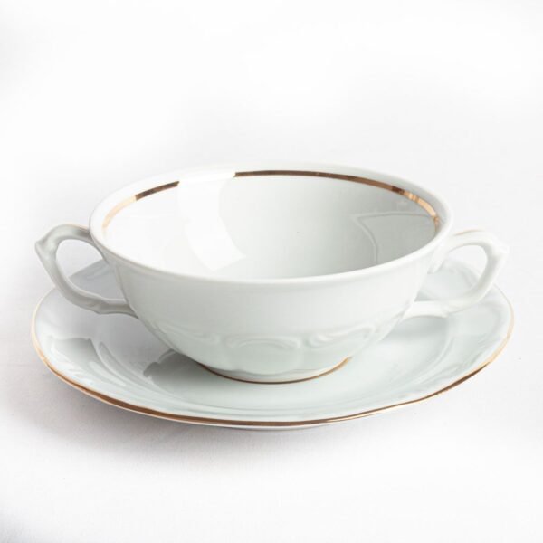 Juego de 12  boles consomé de porcelana blanca (24 piezas) Rhein, 12 tazas consomé con asas (300 cl), 12 platillos para tazas, con filo de oro