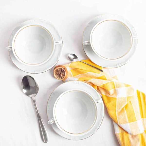 Juego de 12  boles consomé de porcelana blanca (24 piezas) Rhein, 12 tazas consomé con asas (300 cl), 12 platillos para tazas, con filo de oro