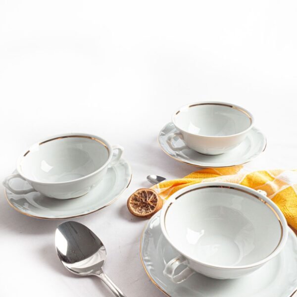 Juego de 12  boles consomé de porcelana blanca (24 piezas) Rhein, 12 tazas consomé con asas (300 cl), 12 platillos para tazas, con filo de oro
