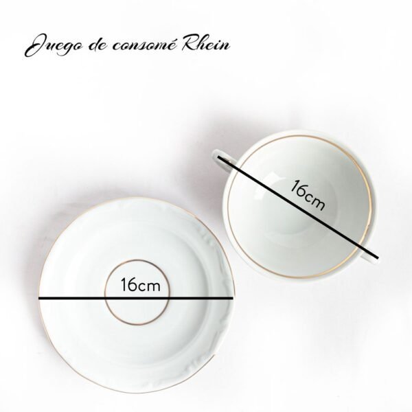 Juego de 12  boles consomé de porcelana blanca (24 piezas) Rhein, 12 tazas consomé con asas (300 cl), 12 platillos para tazas, con filo de oro