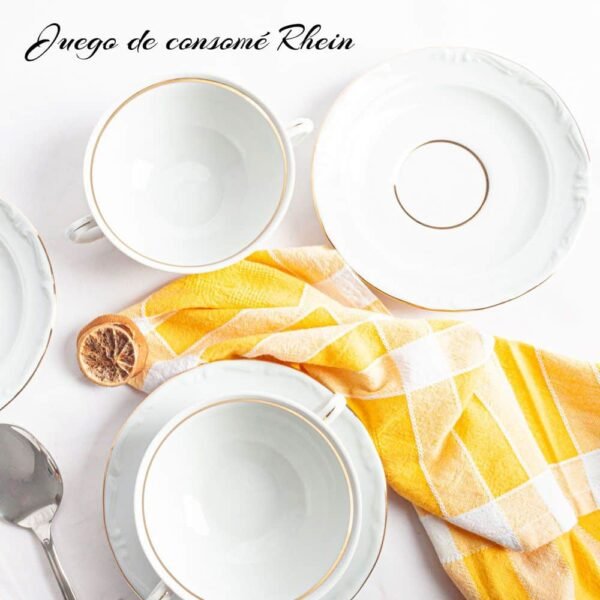 Juego de 12  boles consomé de porcelana blanca (24 piezas) Rhein, 12 tazas consomé con asas (300 cl), 12 platillos para tazas, con filo de oro