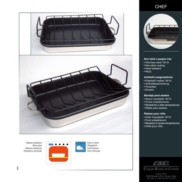 lasagnera-3.jpg Fuente de Horno Chef – Lasagnera / Rustidera de Acero Inoxidable con Rejilla y Asas Antiadherente