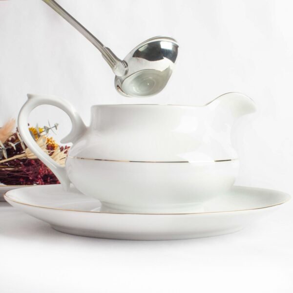 Juego de salsera de porcelana blanca de caolín y plato de apoyo (2 piezas) Bremen, 1 salsera (35 cl), 1 plato (25 x 14 cm)