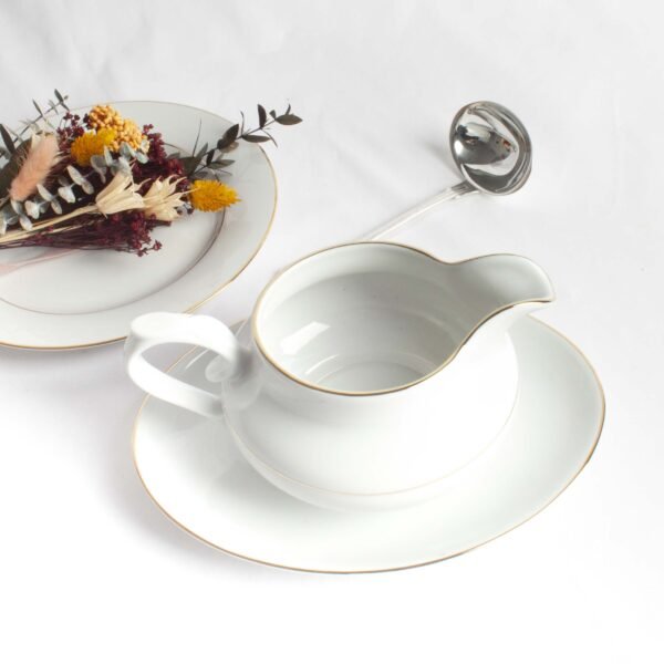 Juego de salsera de porcelana blanca de caolín y plato de apoyo (2 piezas) Bremen, 1 salsera (35 cl), 1 plato (25 x 14 cm)