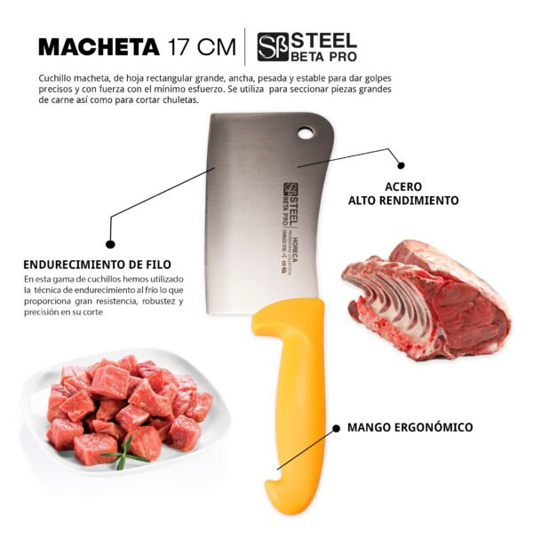 macheta-steel-beta-pro-cuchillo-de-carnicero.jpg Steel Beta Pro cuchillo macheta profesional 17 cm, acero inoxidable alto rendimiento, mango ergonómico amarillo, línea βPRO