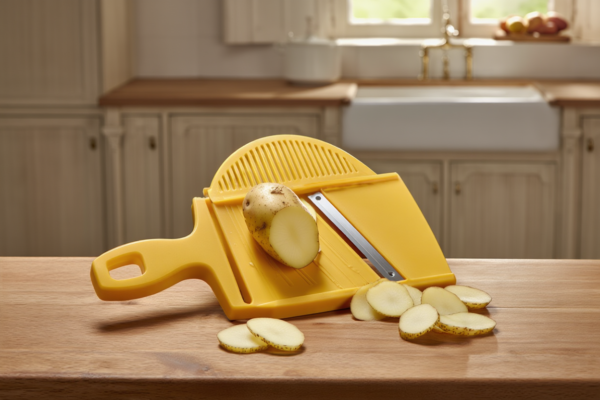 mandolina-con-fondo-.png CRC Rallador Mandolina Circus, 3 cuchillas intercambiables de acero inoxidable con lámina escurridora y protector de mano, 28 x 14 cm, amarillo