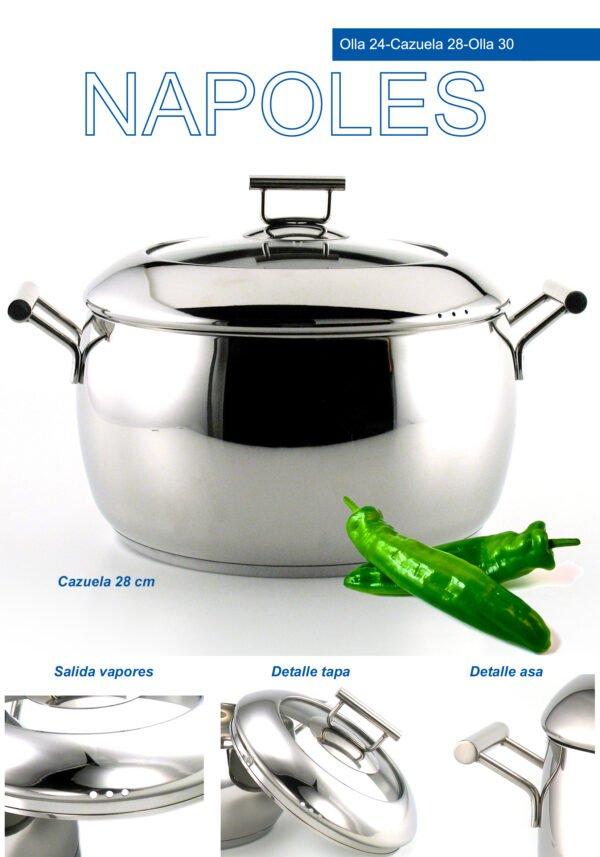 Cazuela Nápoles 28 cm con Tapa – Acero Inoxidable de Alta Calidad, Fondo Termodifusor Apto para Inducción, Diseño Profesional, Resistente y Duradero