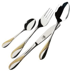 napoles-oro-108-piezas.jpg Cubertería CRC en acero inoxidable Nápoles 108 piezas decorado en oro, servicio completo con cubiertos de pescado y piezas de servir, apta para lavavajillas