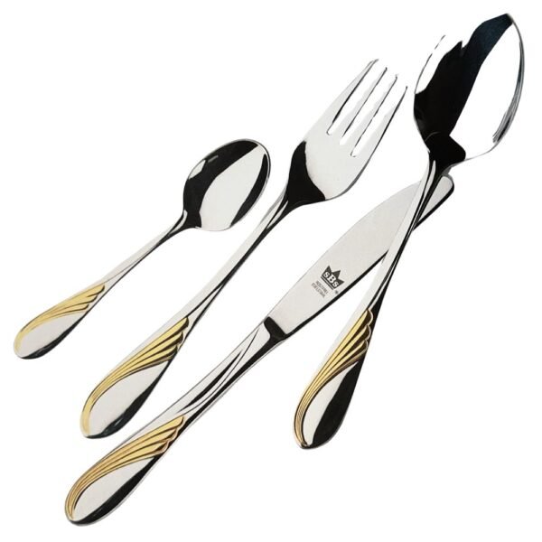Cubertería CRC en acero inoxidable Nápoles 108 piezas decorado en oro, servicio completo con cubiertos de pescado y piezas de servir, apta para lavavajillas