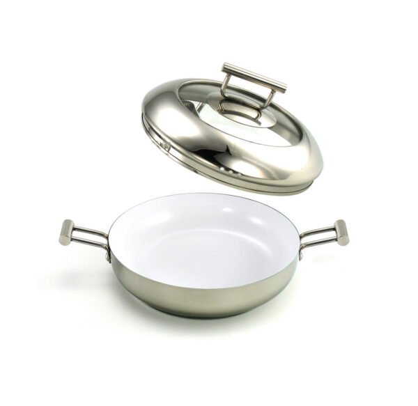 paellera-rustidera-28-blanca-napoles-1.jpg Paellera Nápoles 28 cm con Tapa – Interior Cerámico Antiadherente | Acero Inoxidable Apto para Inducción y Lavavajillas | Alta Resistencia y Fondo Termodifusor – CRC Classic Range of Cuisine