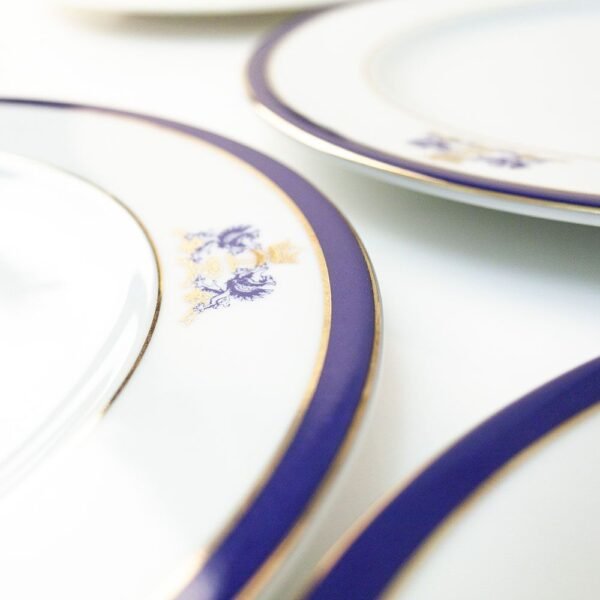 Juego de platos Postre de porcelana blanca  Duisburg, 6 platos de postre, azul de cobalto y filo de oro
