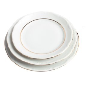 Juego de vajilla de porcelana blanca con filo de oro (18 piezas) Rhein, 6 platos llanos, 6 platos hondos, 6 platos de postre