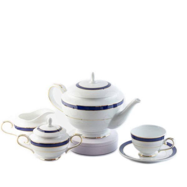 Juego de té de porcelana blanca con filo de oro y azul cobalto (27 piezas) Royal Blue, 12 tazas de té, 12 platillos para tazas, 1 tetera, 1 lechera, 1 azucarero