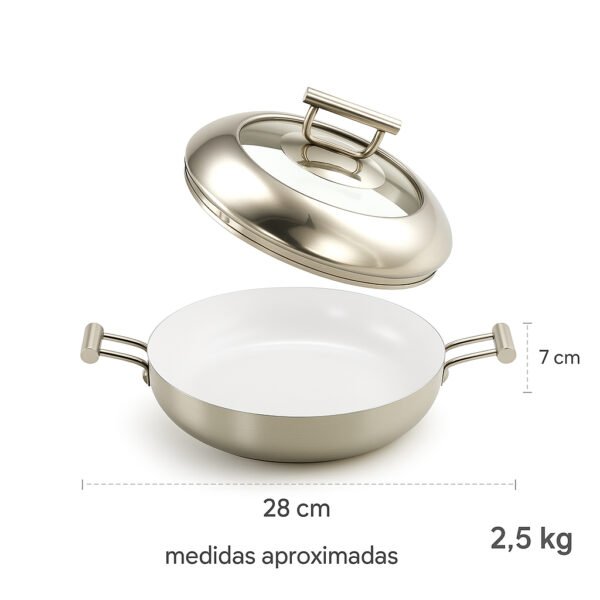 rustidera-paellera-28-medidas.jpg Paellera Nápoles 28 cm con Tapa – Interior Cerámico Antiadherente | Acero Inoxidable Apto para Inducción y Lavavajillas | Alta Resistencia y Fondo Termodifusor – CRC Classic Range of Cuisine