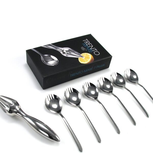 Juego de cubiertos para ostras en acero inoxidable (9 piezas) Trento, 6 tenedores de ostras, 1 exprimidor, estuche regalo.