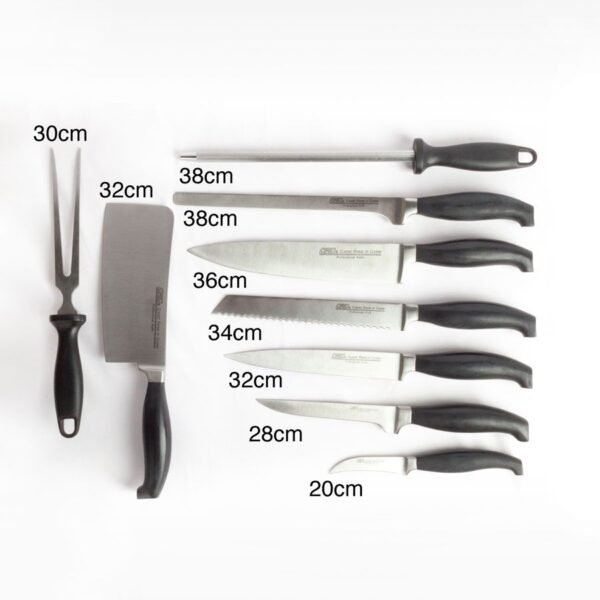 Juego de cuchillos de cocina en acero inoxidable profesional HORECA 13/0 con chaira afilador y tenedor de trinchar (9 piezas) Baviera Holstein, incluye funda de transporte, Forjado