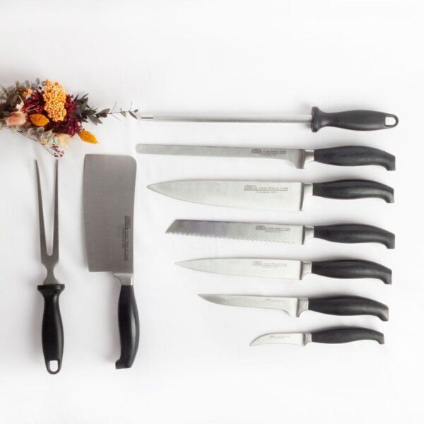 Juego de cuchillos de cocina en acero inoxidable profesional HORECA 13/0 con chaira afilador y tenedor de trinchar (9 piezas) Baviera Holstein, incluye funda de transporte, Forjado