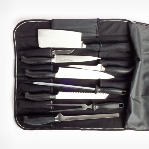 Juego de cuchillos de cocina en acero inoxidable profesional HORECA 13/0 con chaira afilador y tenedor de trinchar (9 piezas) Baviera Holstein, incluye funda de transporte, Forjado