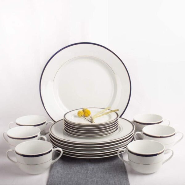 Juego de boles consomé de porcelana blanca (12 piezas) Sonata, 6 boles consomé con asas (33cl), 6 platillos para tazas, con filo de oro